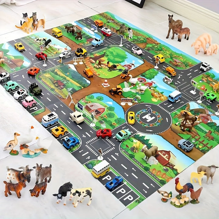 Soft, vibrant farm & road play mat rug for kids' rooms, offering comfortable, stimulating imaginative playtime.