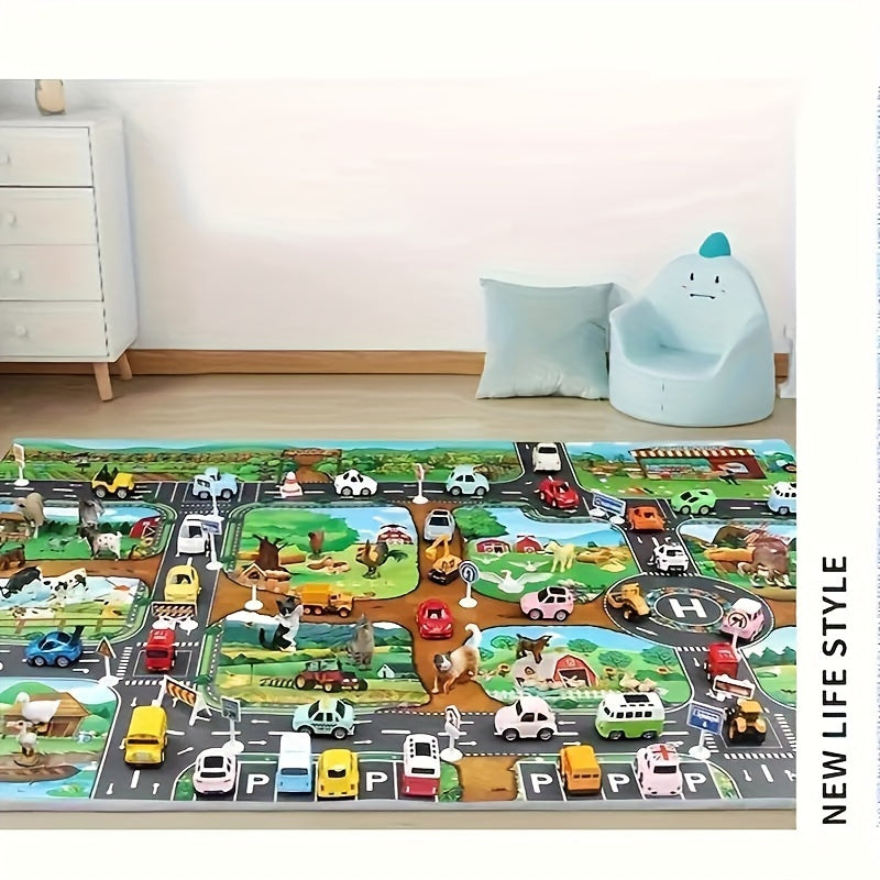 Fun toddler activity play mat: a colorful farm and road rug stimulating imaginative play and motor skills.