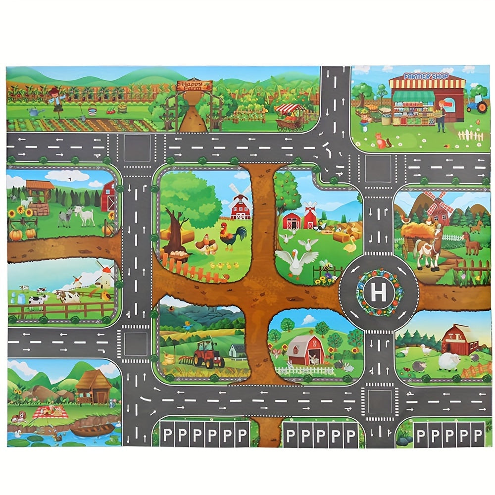 Large vibrant kids' play mat showing a detailed farm alongside bustling roads, perfect for hours of creative fun.