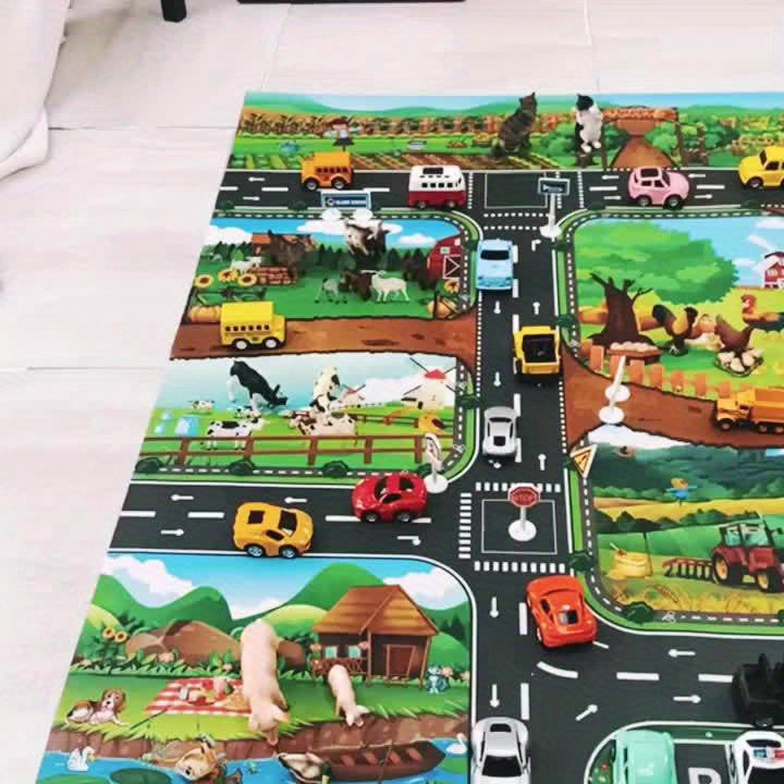 Durable kids' farm & road play mat, a safe and engaging learning rug for interactive imaginative play.