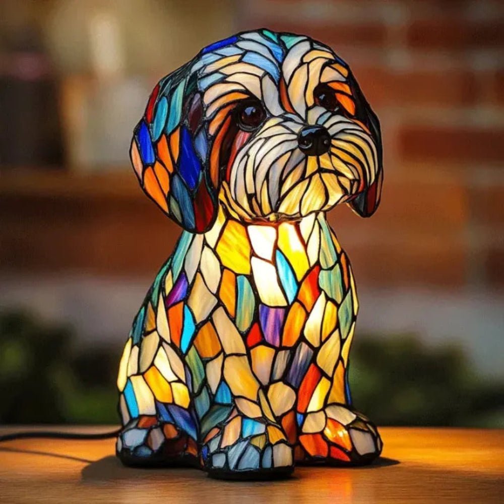Vibrant stained glass dog table lamp, perfect home decor accent for pet lovers.