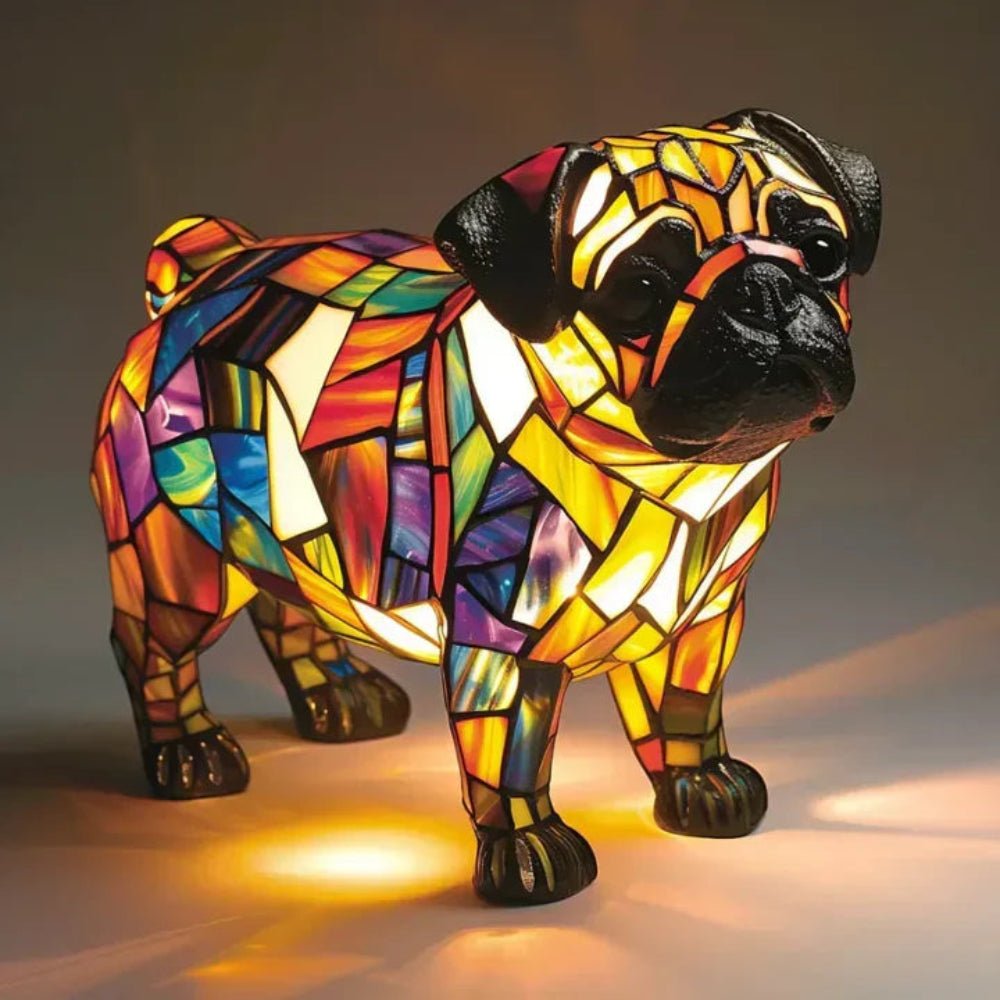 Intricate stained glass dog lamp, a unique animal light and decorative table lamp for home decor.
