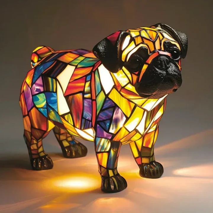Intricate stained glass dog lamp, a unique animal light and decorative table lamp for home decor.