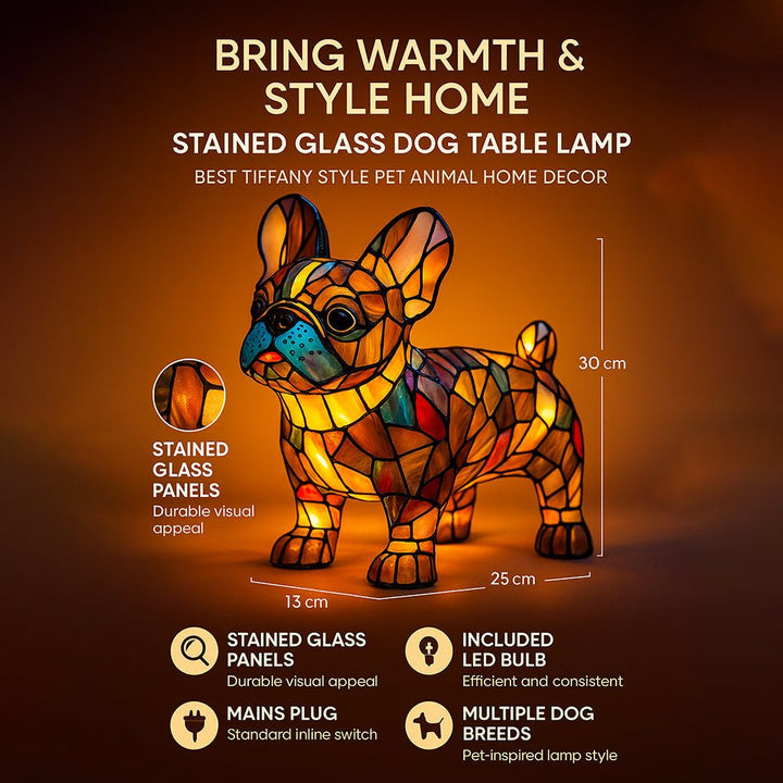 Charming stained glass dog table lamp, ideal for adding a warm glow to any home decor.