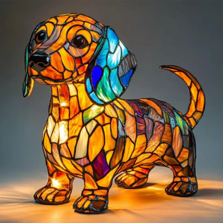 Decorative dog lamp with colorful stained glass, a mosaic accent light for pet lover homes.
