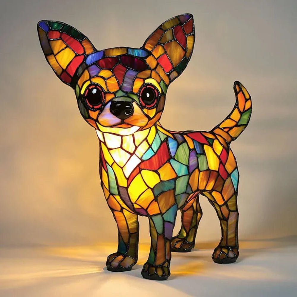 Artisan stained glass dog table lamp, a delightful animal light for home decor and dog enthusiasts.