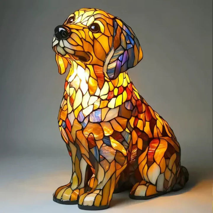 Whimsical stained glass dog lamp, perfect table lamp for pet lovers seeking unique home decor.
