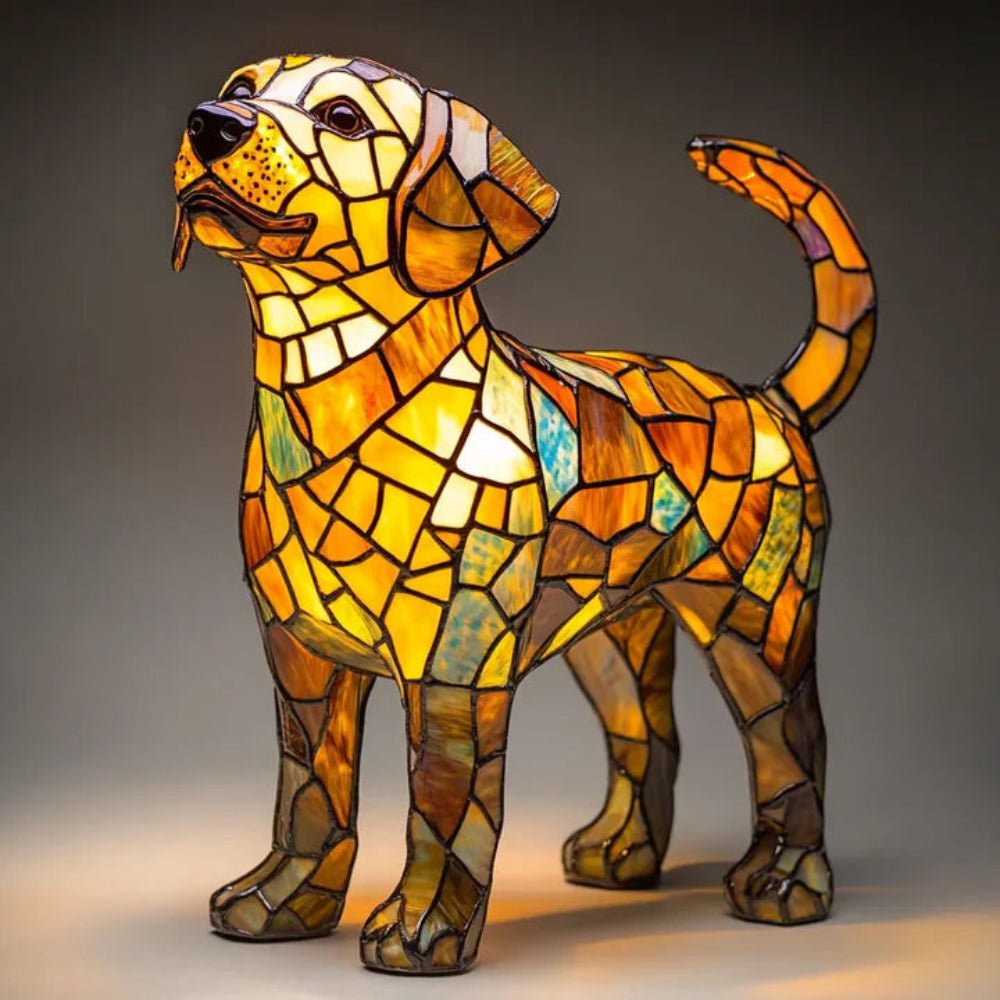 Handcrafted stained glass dog table lamp, a decorative animal light and thoughtful gift for dog owners.