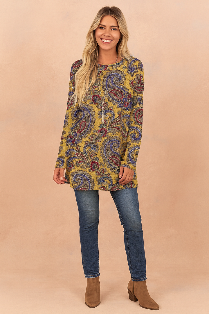 Comfortable oversized women's paisley print sweater, a unique and vibrant long sleeve top for fall fashion.