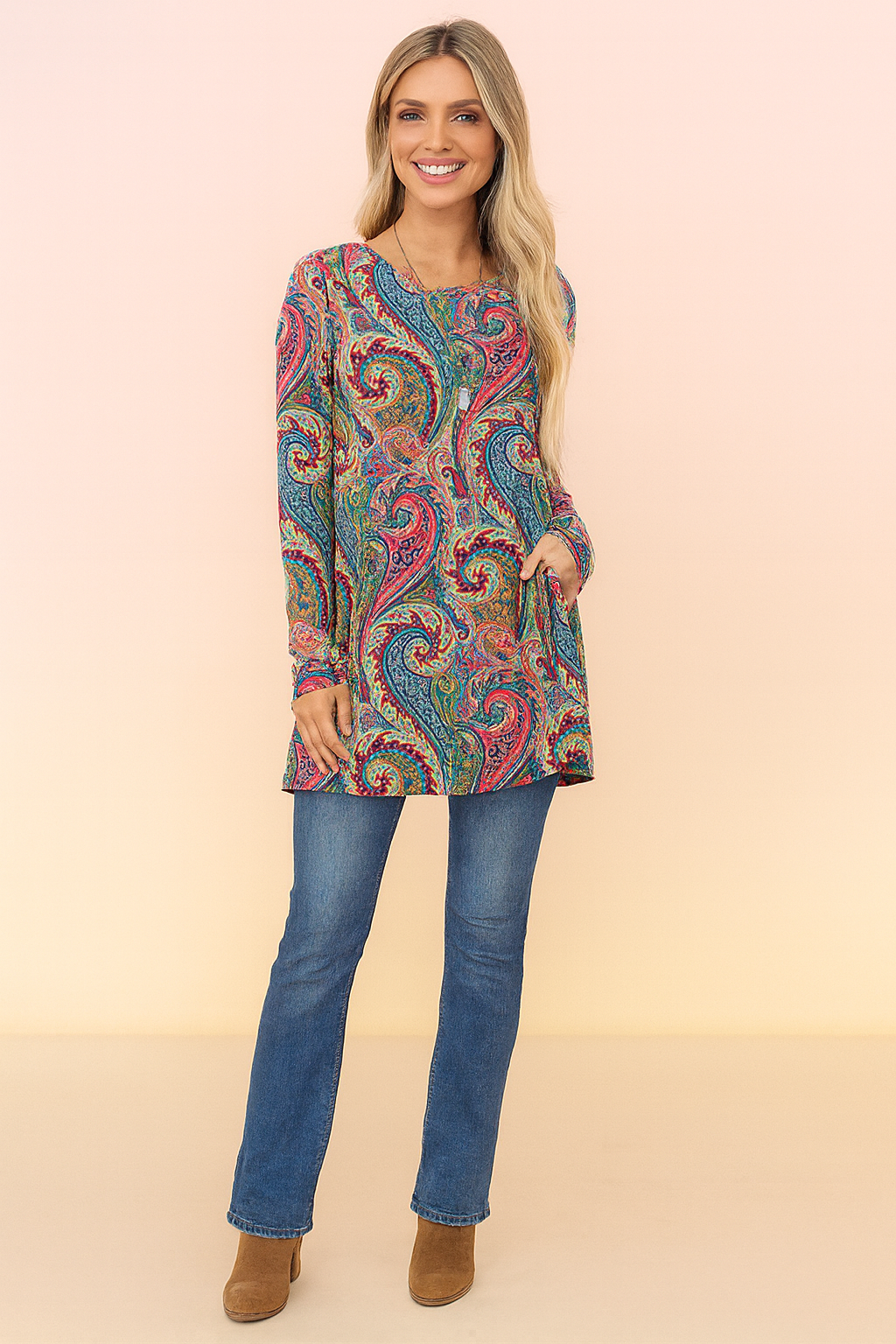Stylish vibrant paisley print women's sweater, a long sleeve casual top ideal for fall & winter outfits.