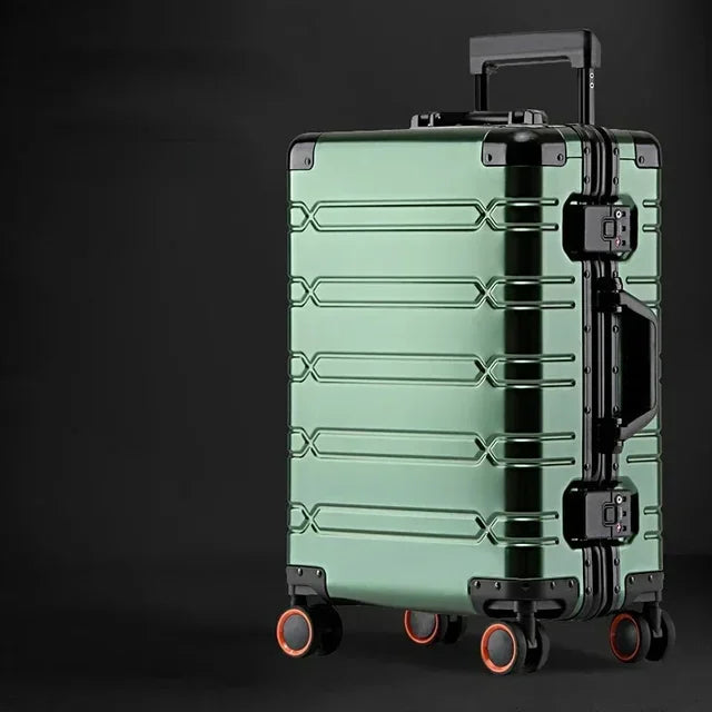Sleek Vienna Voyager hardside spinner suitcase, lightweight & durable aluminium-magnesium for global travel.