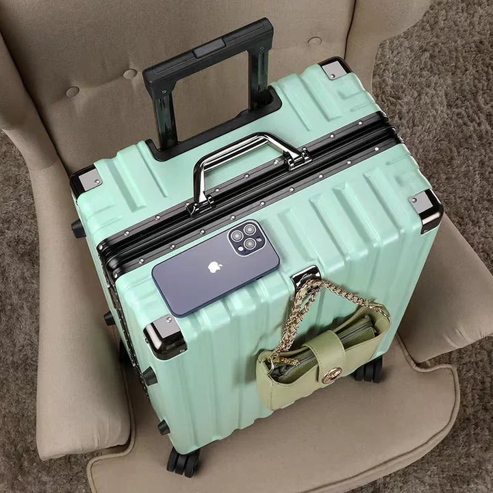 Front view of Vilnius hardside luggage, showcasing its durable aluminum frame & integrated combination lock.
