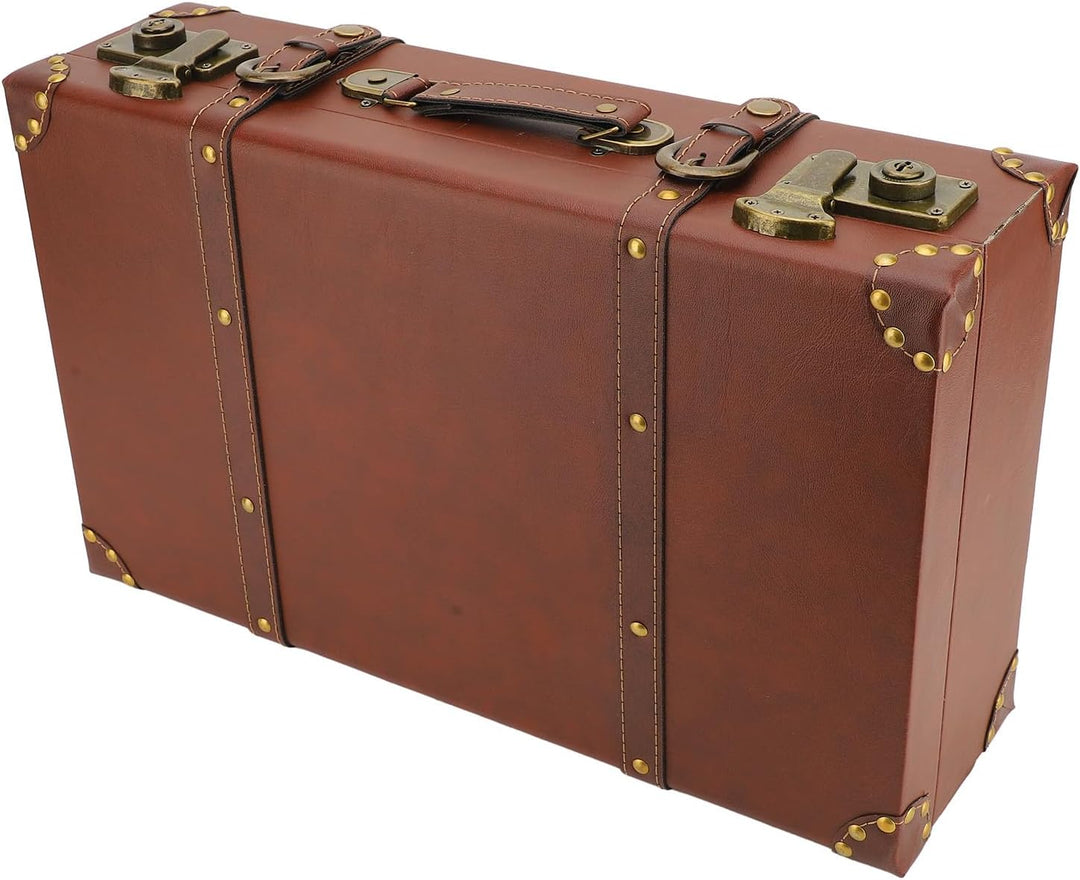 Unisex vintage brown leather carry-on case with alloy lock. Perfect for travel, overnight stays, or decorative storage.