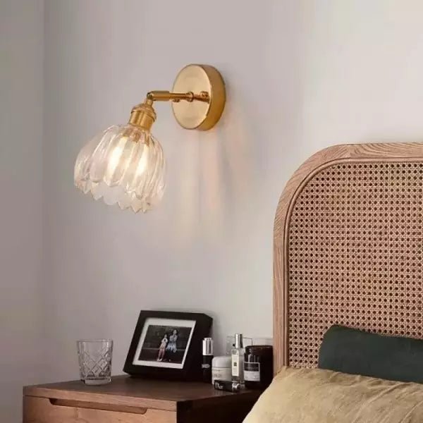 "Vintage floral tulip glass wall lamp, tulip-shaped shade, multi-color options, elegant retro design, adds warm soft light."