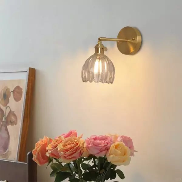 "Vintage floral tulip glass wall lamp, tulip-shaped shade, multi-color options, elegant retro design, adds warm soft light."
