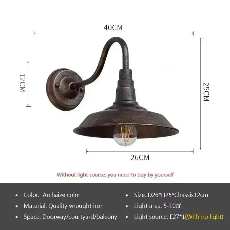Retro LED wall light in vintage style, crafted from wrought iron, suitable for indoor and outdoor use, available in gold, black, silver, and antique finishes.
