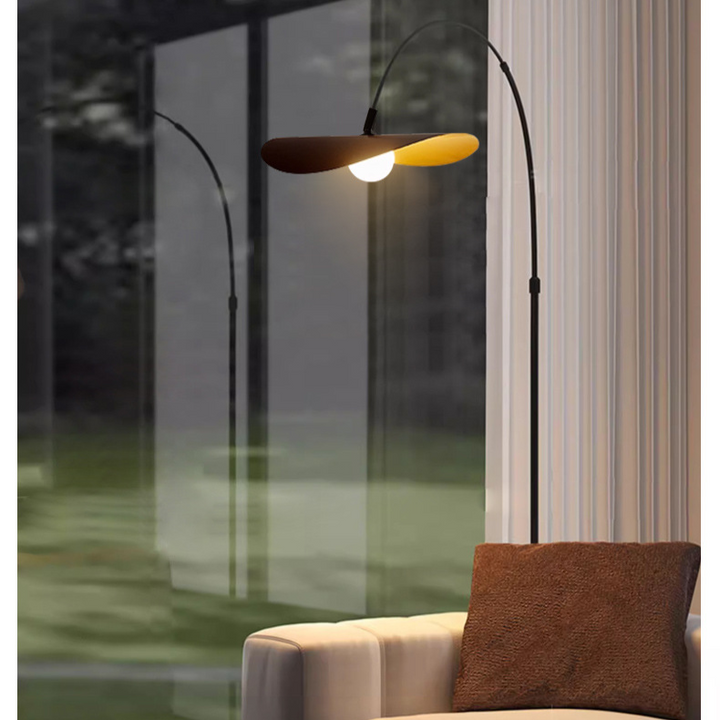 "Wabi Sabi Floor Lamp, iron and acrylic design, handcrafted, emits ambient light, adjustable height for home decoration."