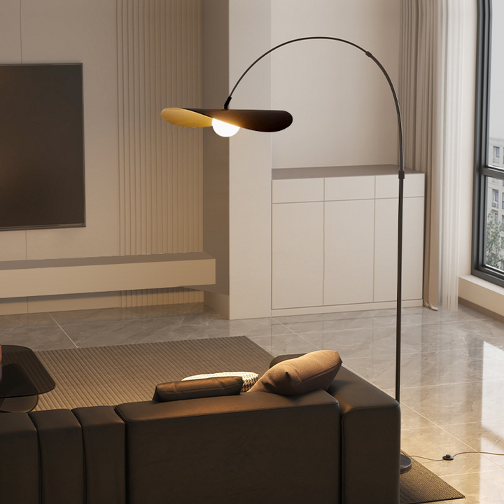 "Wabi Sabi Floor Lamp, iron and acrylic design, handcrafted, emits ambient light, adjustable height for home decoration."