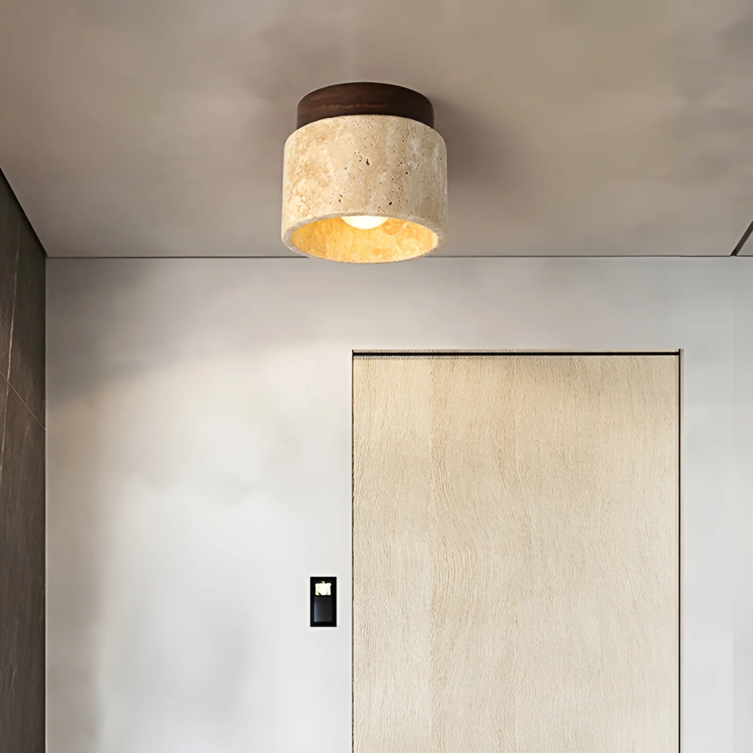 Wabi Sabi Japanese ceiling lamp made of natural travertine, perfect for serene home decor and minimalist lighting.
