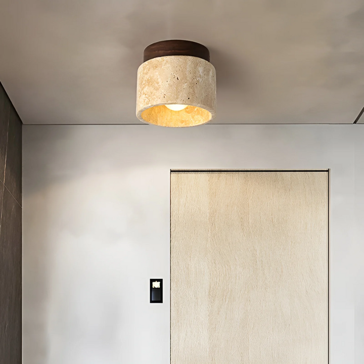Wabi Sabi Japanese ceiling lamp made of natural travertine, perfect for serene home decor and minimalist lighting.