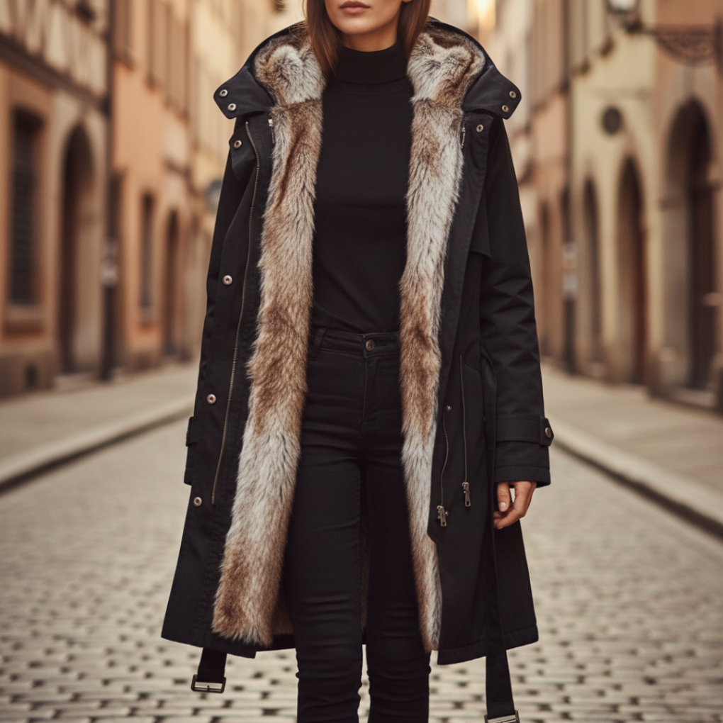 Warm women's black hooded winter parka, long & insulated for cold weather. Features adjustable waist for daily wear.