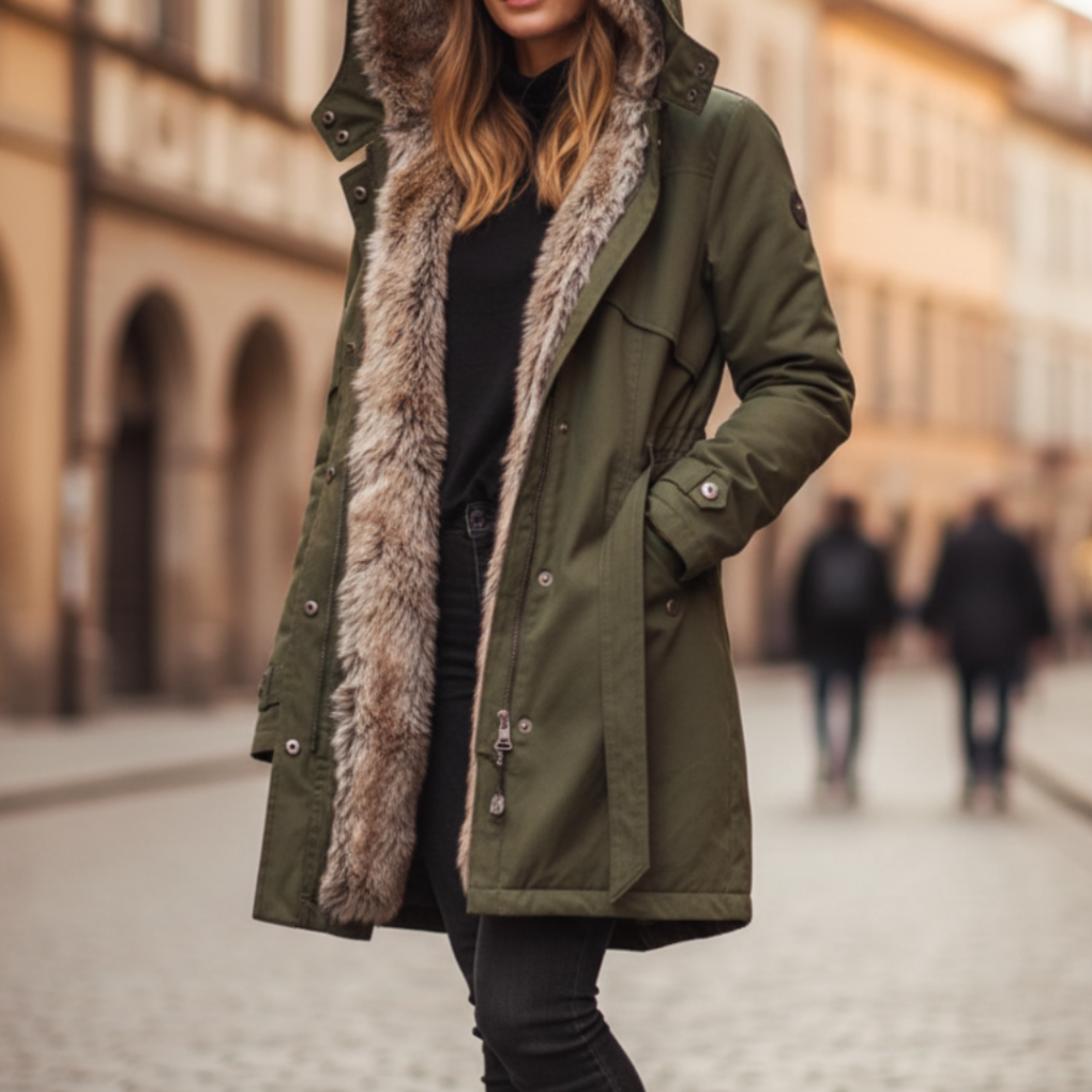 Cozy women's green hooded winter parka jacket, insulated for warmth & casual cold weather daily wear. Long fit.