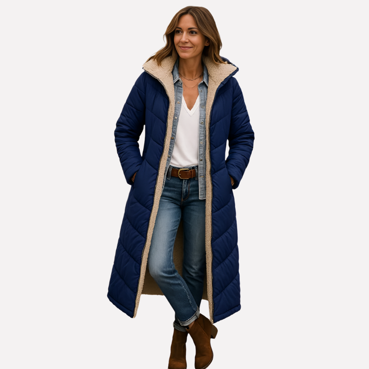 Warm women's quilted long coat with a hood, perfect for winter fashion and daily layering.