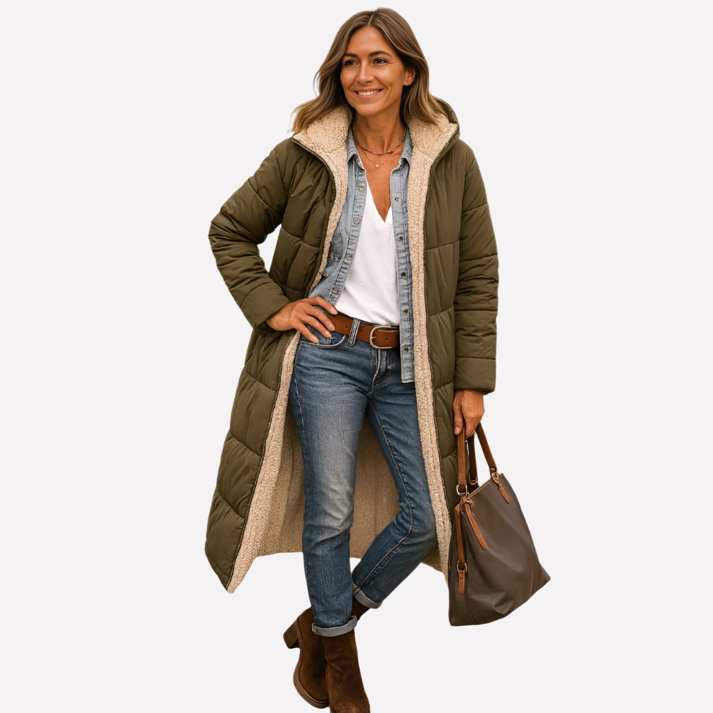 Black women's long quilted coat with a hood, versatile for winter fashion & daily warmth.