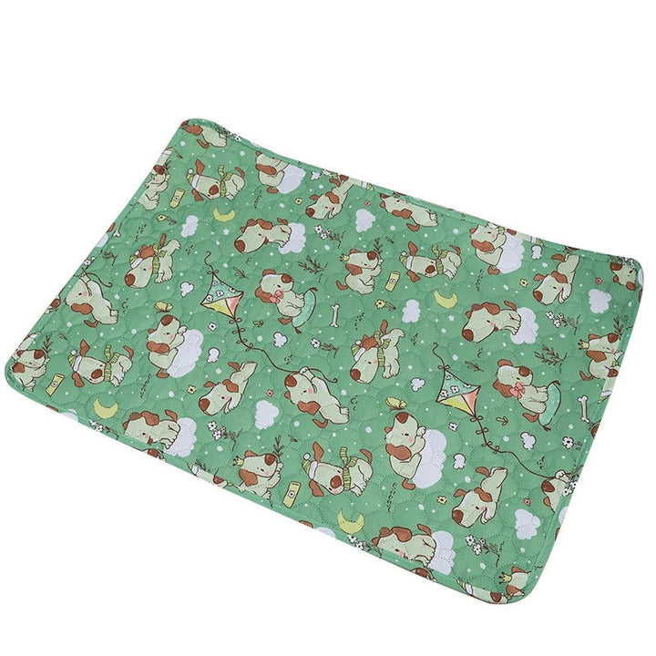 "Washable eco-friendly pet pee pad, super absorbent and reusable, shown on colorful background with paw print design."
