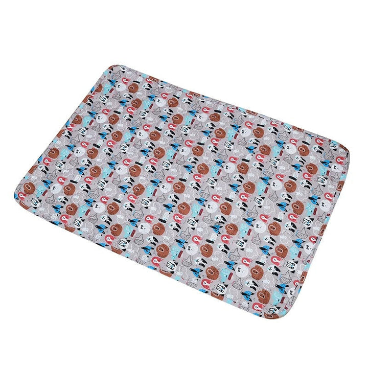 "Washable eco-friendly pet pee pad, super absorbent and reusable, shown on colorful background with paw print design."