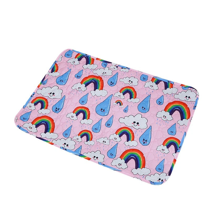 "Washable eco-friendly pet pee pad, super absorbent and reusable, shown on colorful background with paw print design."