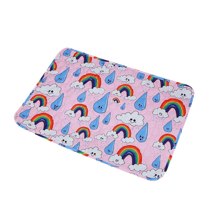 "Washable eco-friendly pet pee pad, super absorbent and reusable, shown on colorful background with paw print design."