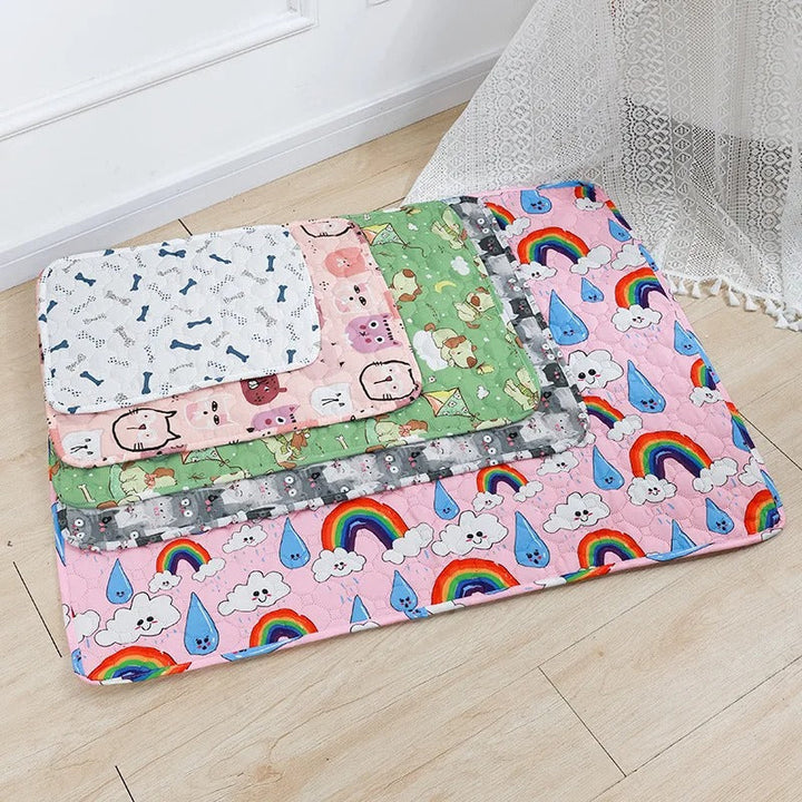 "Washable eco-friendly pet pee pad, super absorbent and reusable, shown on colorful background with paw print design."