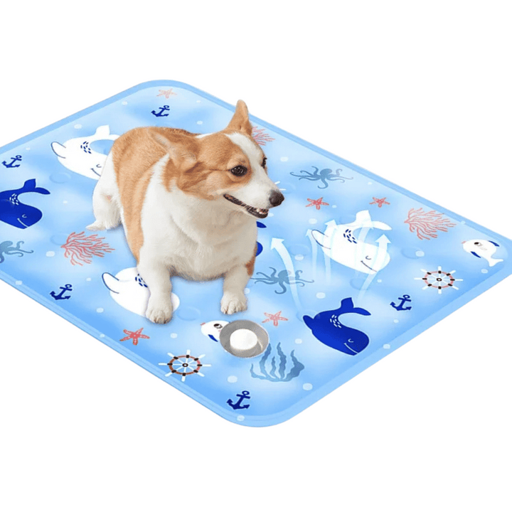 Water-filled cooling mat for dogs with gel layer, blue color, soft and flexible design for pet comfort and heat relief.