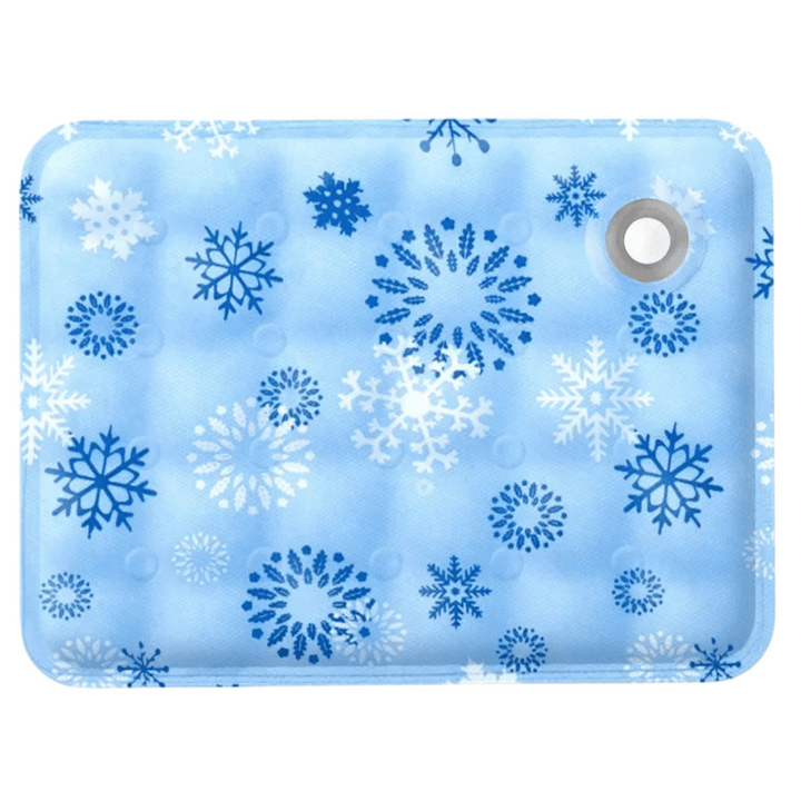 Water-filled cooling mat for dogs with gel layer, blue color, soft and flexible design for pet comfort and heat relief.