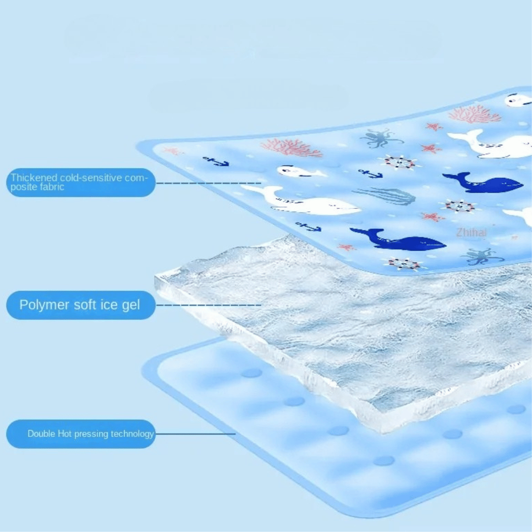 Water-filled cooling mat for dogs with gel layer, blue color, soft and flexible design for pet comfort and heat relief.