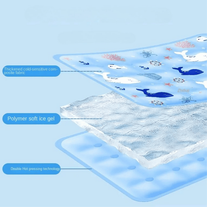 Water-filled cooling mat for dogs with gel layer, blue color, soft and flexible design for pet comfort and heat relief.