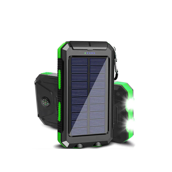 Waterproof 500000mAh solar power bank with dual USB ports, rugged design, ideal for outdoor use and charging devices on the g