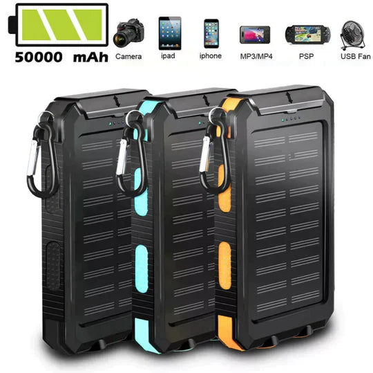 Waterproof 500000mAh solar power bank with dual USB ports, rugged design, ideal for outdoor use and charging devices on the g