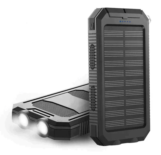 Waterproof 500000mAh solar power bank with dual USB ports, rugged design, ideal for outdoor use and charging devices on the g