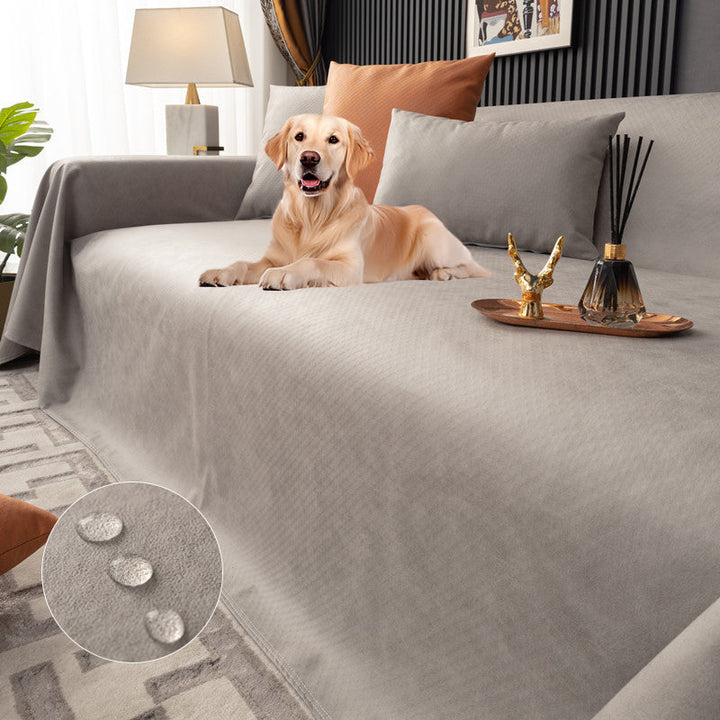 "Waterproof anti-scratch sofa cover in beige, ideal for pet owners, showcasing durable fabric and anti-slip backing."