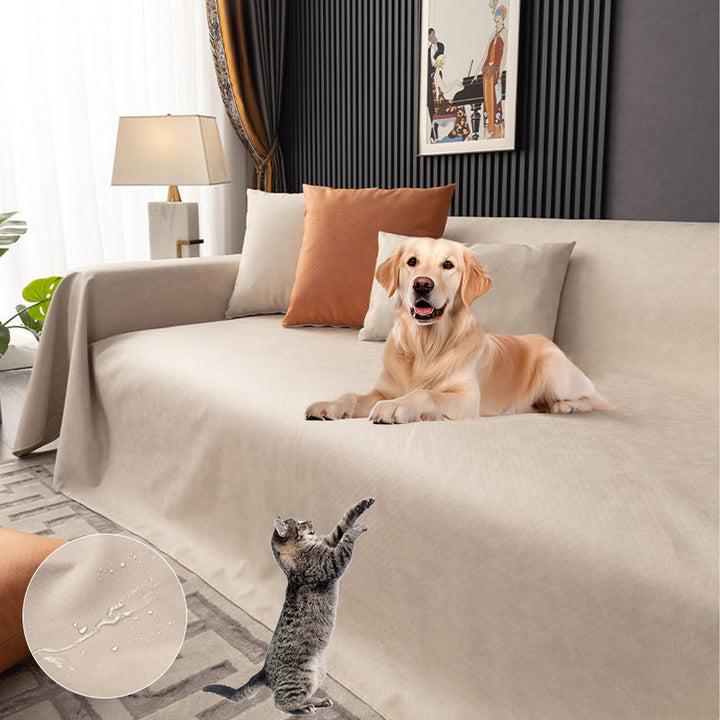 "Waterproof anti-scratch sofa cover in beige, ideal for pet owners, showcasing durable fabric and anti-slip backing."