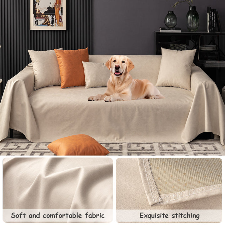 "Waterproof anti-scratch sofa cover in beige, ideal for pet owners, showcasing durable fabric and anti-slip backing."