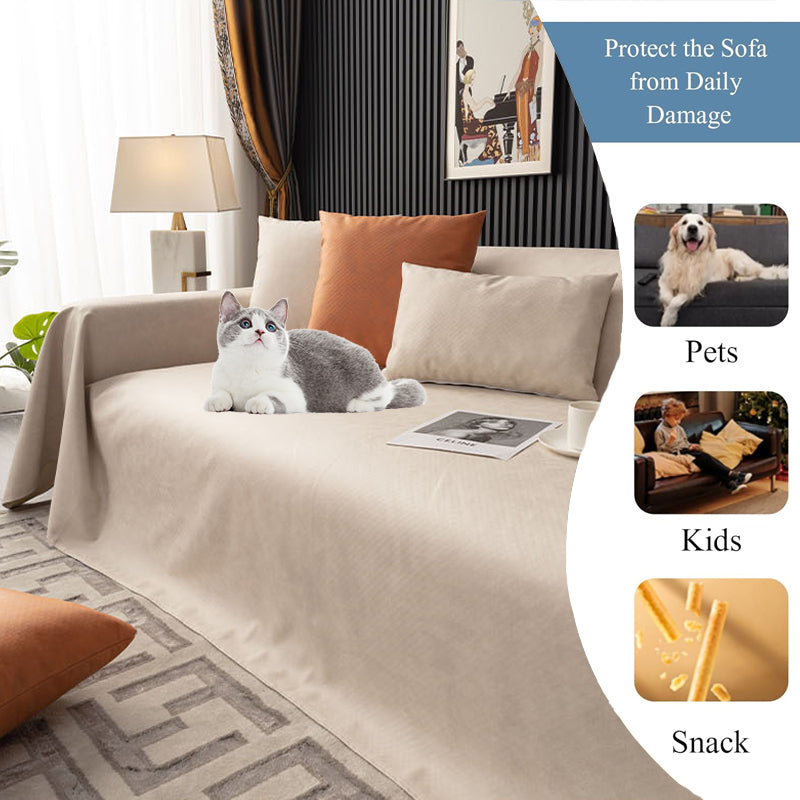 "Waterproof anti-scratch sofa cover in beige, ideal for pet owners, showcasing durable fabric and anti-slip backing."