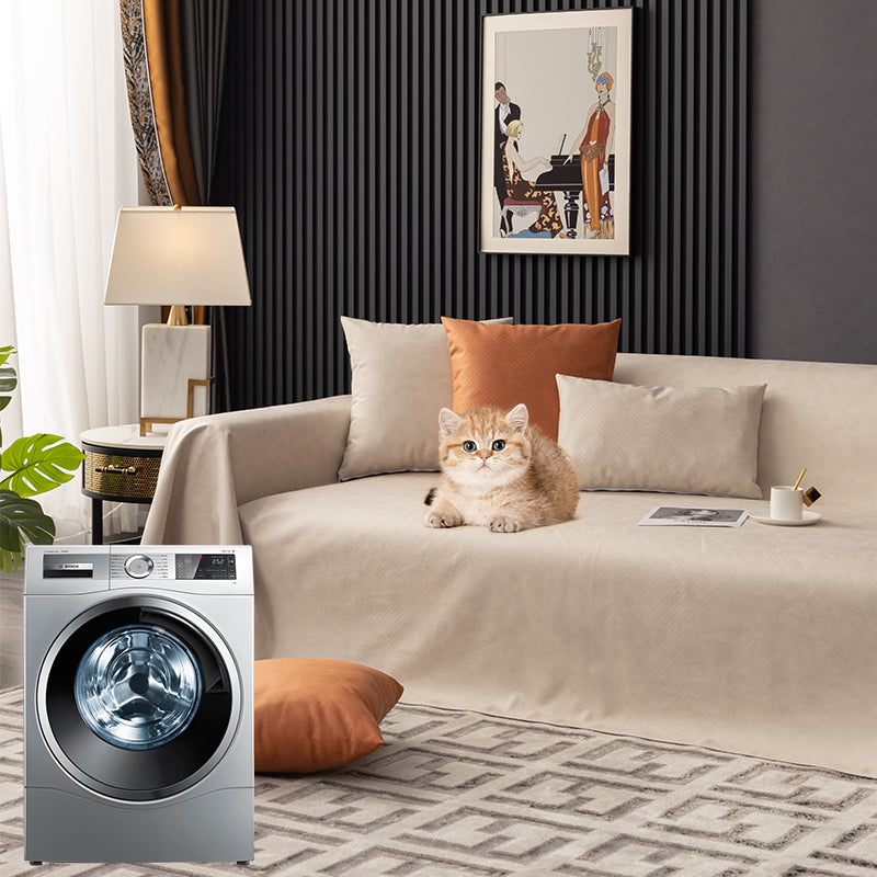 "Waterproof anti-scratch sofa cover in beige, ideal for pet owners, showcasing durable fabric and anti-slip backing."