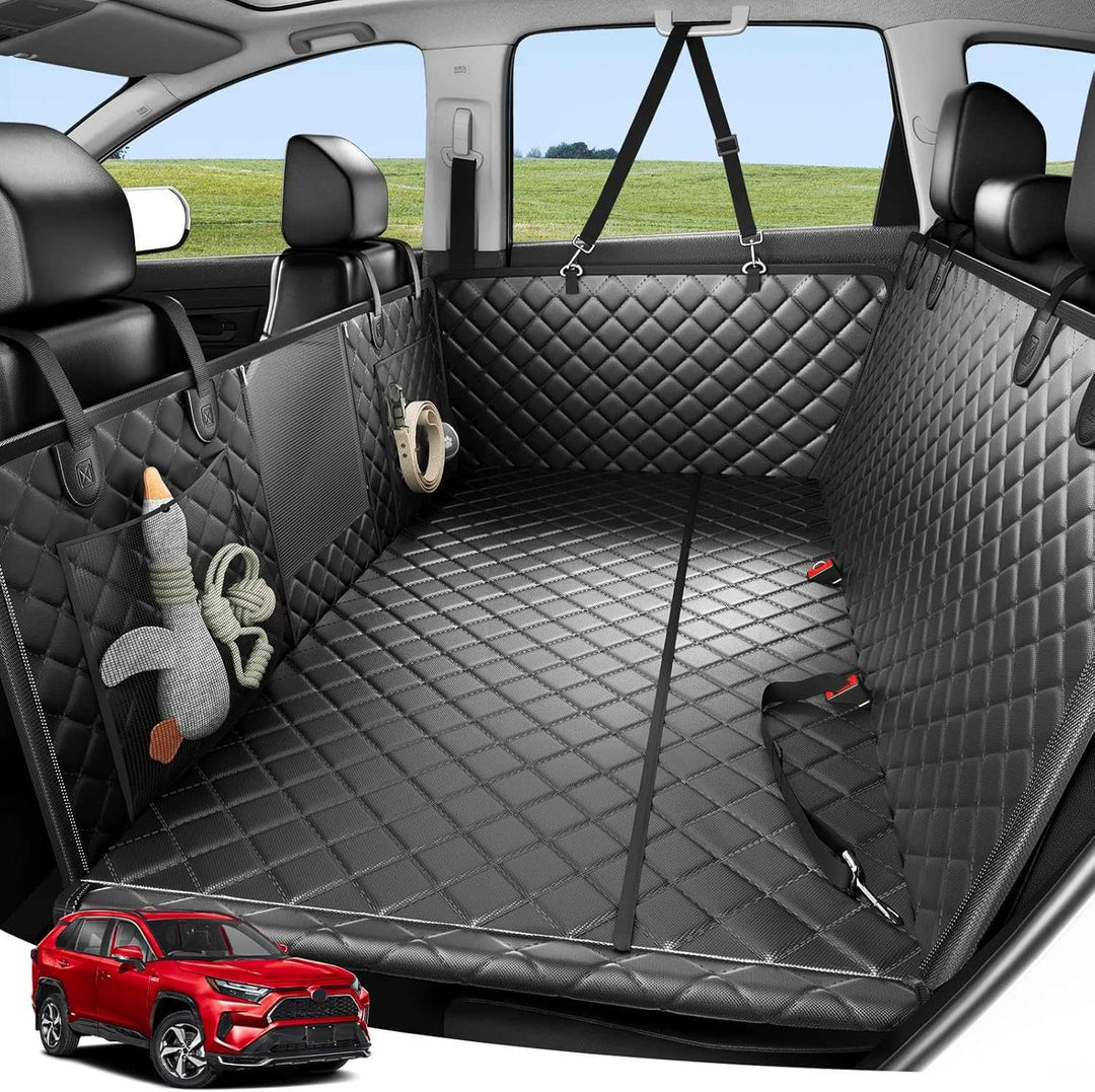 Waterproof backseat car hammock & booster for large dogs, durable Oxford fabric protects car seats during pet travel.