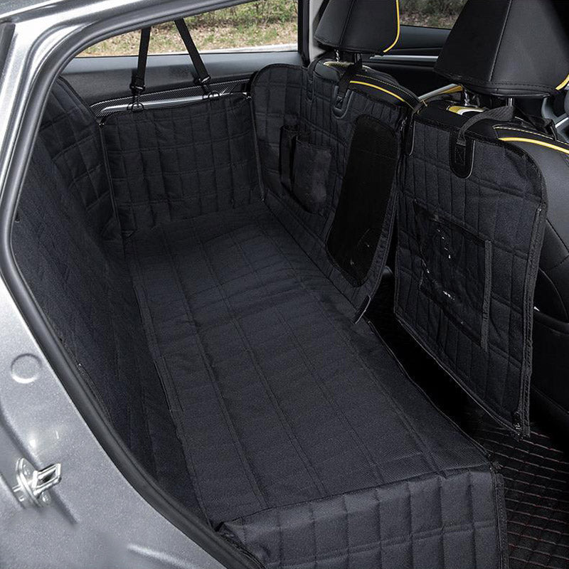 "Waterproof dog car seat cover with mesh window, black, universal fit, breathable and durable for comfortable pet travel."