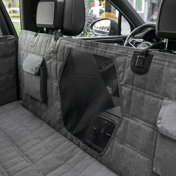 "Waterproof dog car seat cover with mesh window, black, universal fit, breathable and durable for comfortable pet travel."