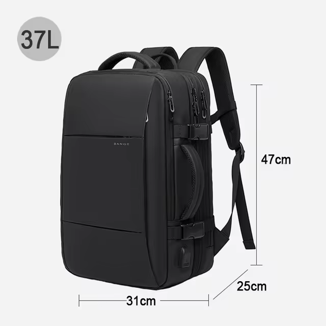 "Waterproof expandable travel backpack in black, roomy design for men and women, ideal for versatile adventures."