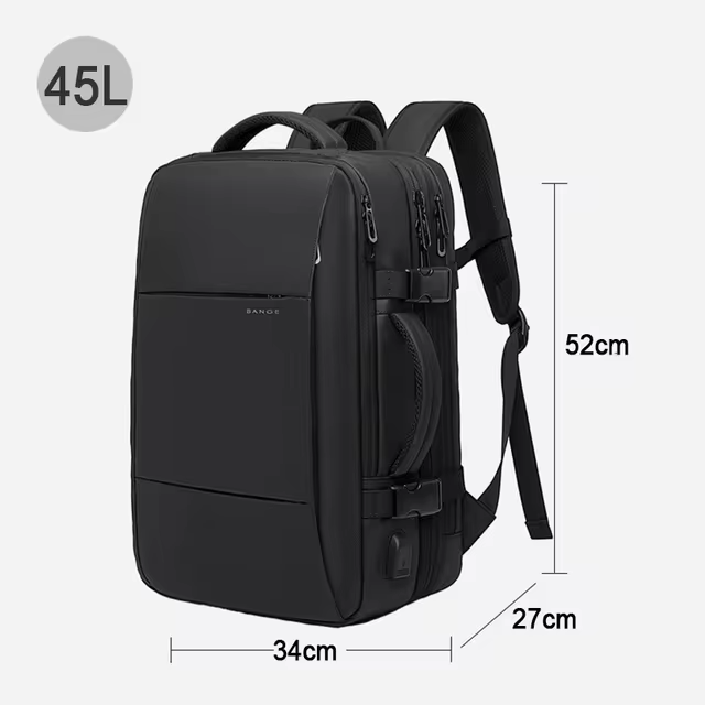 "Waterproof expandable travel backpack in black, roomy design for men and women, ideal for versatile adventures."